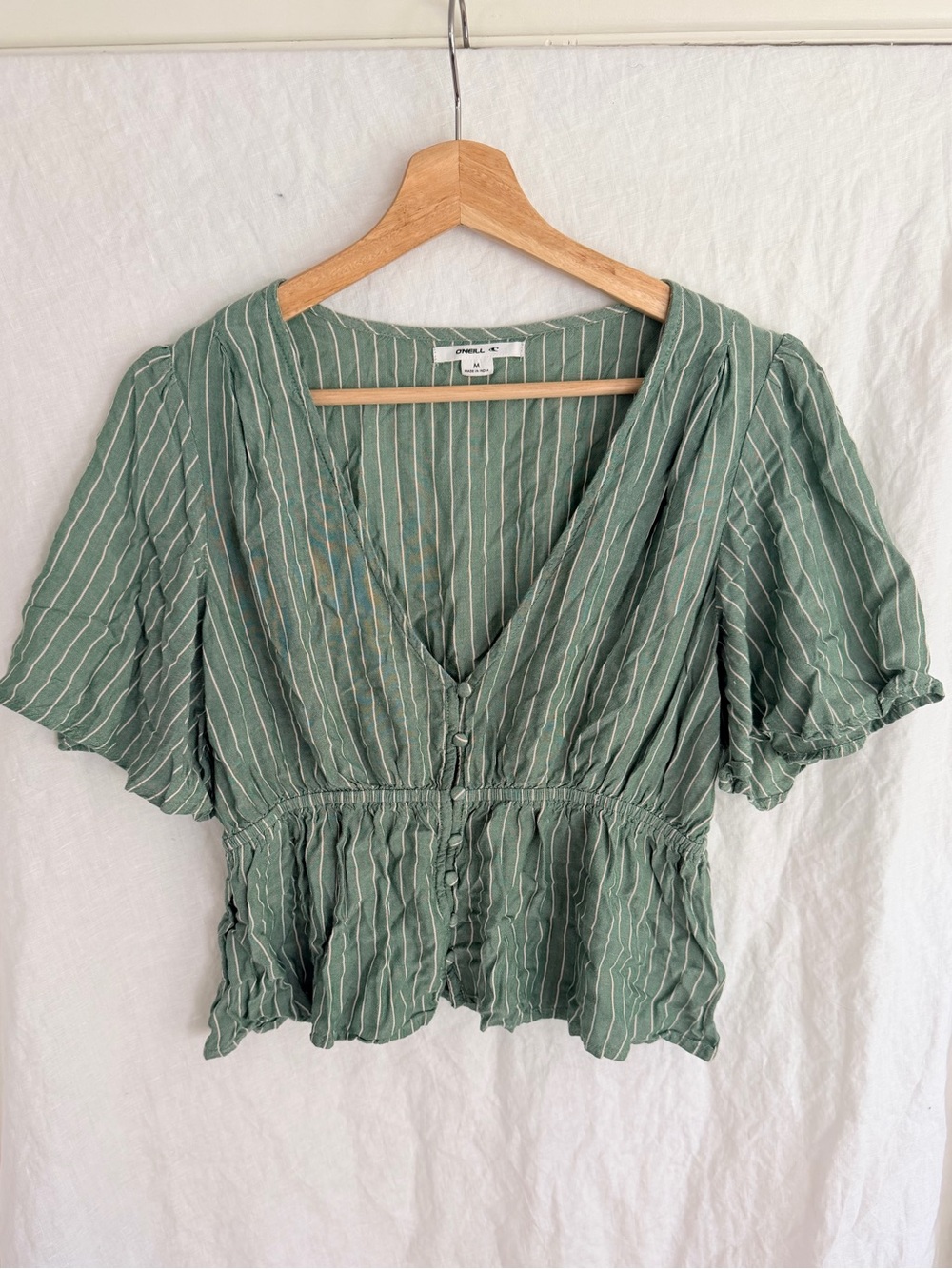 O’NEILL Wes Stripe Peplum Top V-Neckline Button Front Olive Green Size Medium